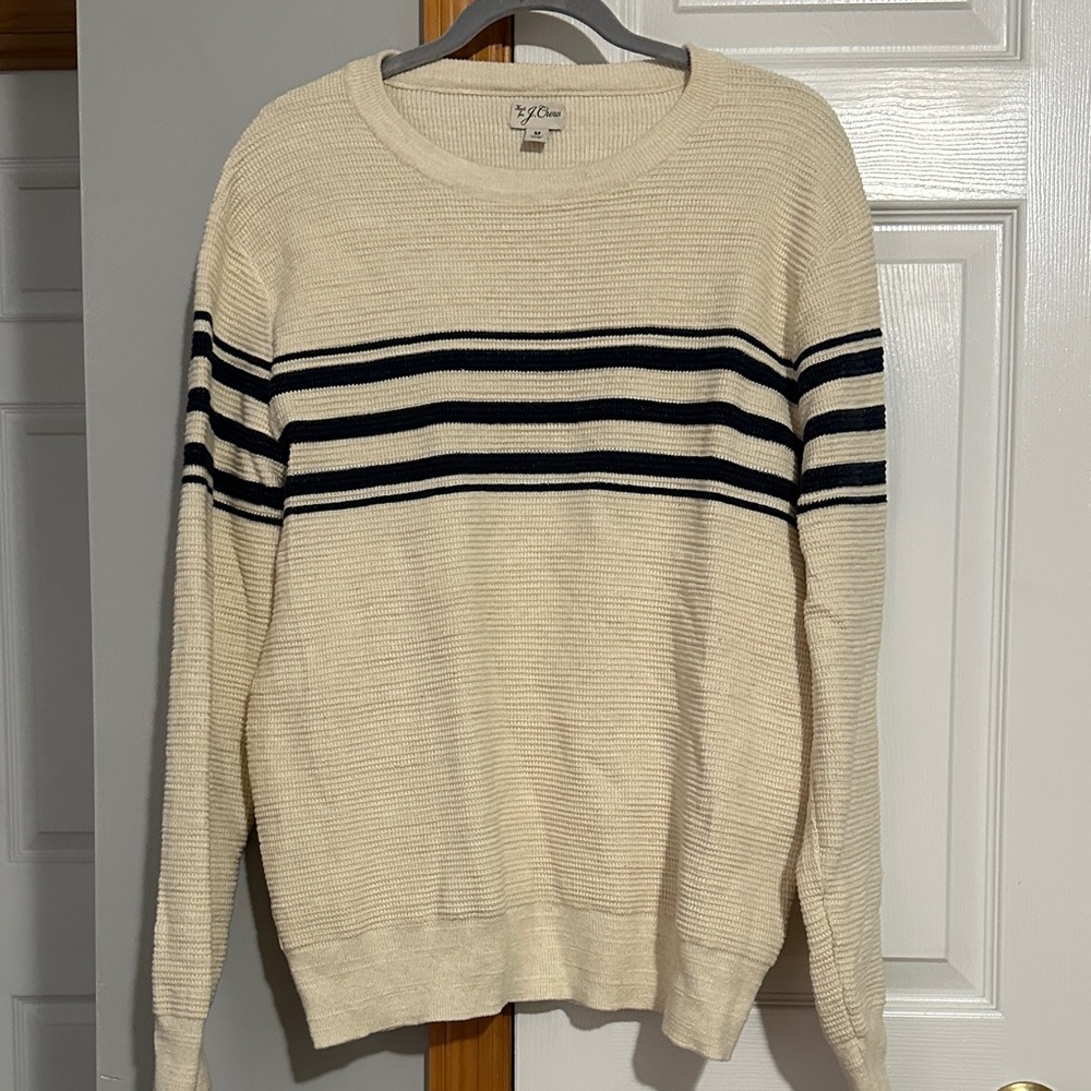 J. Crew Men's Cream and Navy Striped Crewneck Sweater